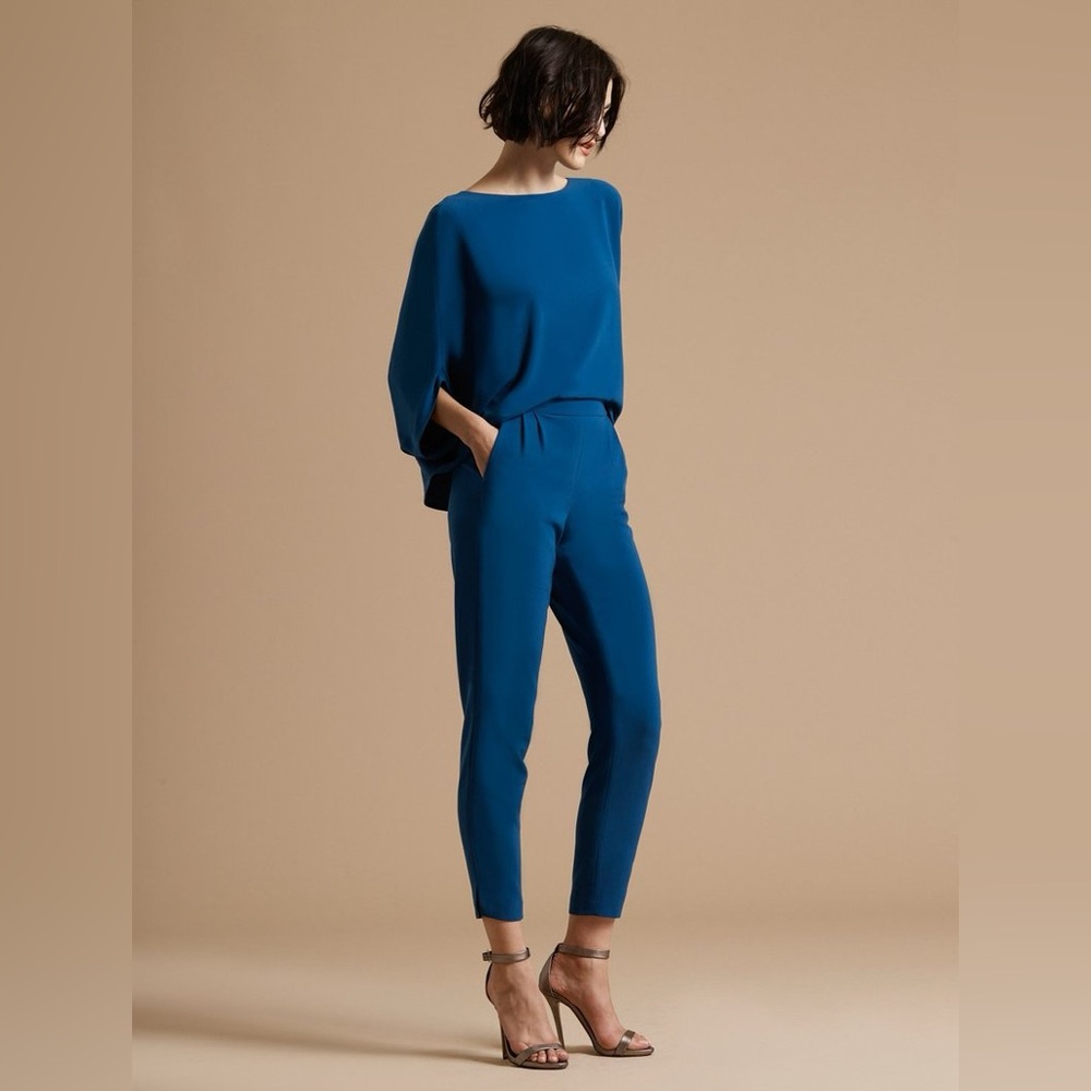 Halston Heritage Drape Sleeve Tapered Long Crepe Jumpsuit in Teal, size 14 - Picture 2 of 11